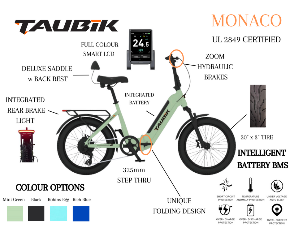 2025 Taubik Monaco Ebike Electric Bicycle Foldable Style 20" x 3"  Tires UL 2849